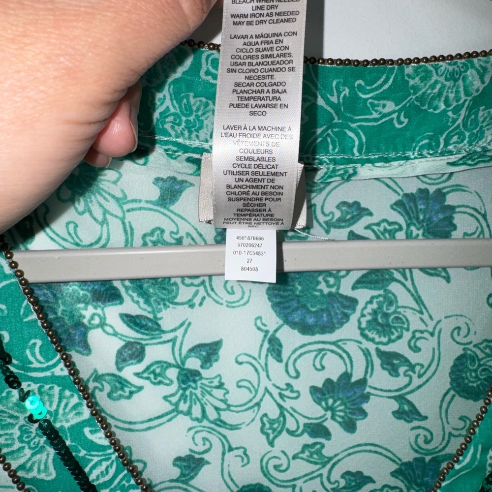 CHICO’S Size 1 Congo Floral Tunic Pullover Semi Sheer Top Green/ White Beaded - Picture 6 of 12